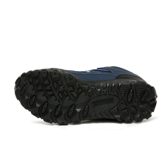 Regatta Childrens/Kids Edgepoint Boots (Deep Space Blue/Imperial Blue) Upper: PU (Polyurethane). Insole Material: Synthetic. Outsole: TPR. Sole Features: Durable. Fastening: Lace Up. 5 Eyelets. Fabric Technology: Breathable, Hydropel, Isotex, Lightweight, Slip Resistant, Water Resistant. Comfort Footbed, Hardwearing, Padded Collar, Stabilising Shank. Low Heel. Cut: Low Cut. Design: Lace.