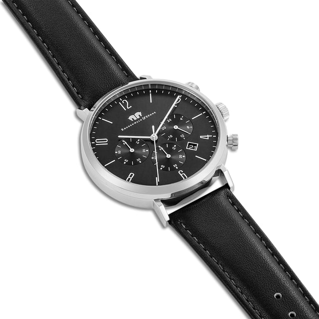 The timeless men's watch from the Rhodenwald & Sons manufacture combines the design of sporty chronographs with the simple elegance of a dresswatch. The popular functions 24-H display, stopwatch and date are integrated in a minimalist dial with tricompax arrangement-a perfect companion not only for business suit, but also for casual jeans. The model inspires with a robust and at the same time reduced stainless steel housing, filigree sticker and a reliable quartz train. A soft real leather bracelet with seam and thorn lock rounds off the premium equipment.