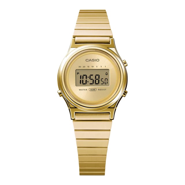 This Casio Casio Collection Vintage Digital Watch for Women is the perfect timepiece to wear or to gift. It's Gold 26 mm Round case combined with the comfortable Gold Stainless steel watch band will ensure you enjoy this stunning timepiece without any compromise. Operated by a high quality Quartz movement and water resistant to 3 bars, your watch will keep ticking. Sparkle in style with a smaller round watch featuring a minimalist design.  At just 26.3 mm in diameter, the petite round case delivers a delicate design for a stylish go-to accessory. This Digital watch has a calendar function: Day-Date , Stop Watch and Alarm High quality 19 cm length and 15 mm width Gold Stainless steell strap with a Folding Clasp Case diameter: 26 mm,case thickness: 7 mm, case colour: Gold and dial colour: Gold
