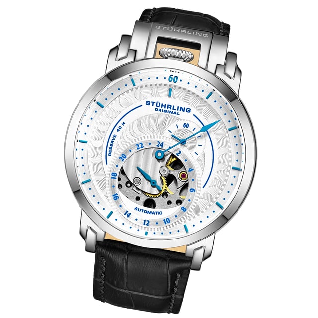 Men's Semi Skeleton, Silver Case, Silver Dial, Black Leather Strap Watch