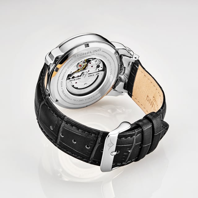Men's Semi Skeleton, Silver Case, Silver Dial, Black Leather Strap Watch