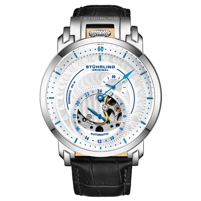 Men's Semi Skeleton, Silver Case, Silver Dial, Black Leather Strap Watch