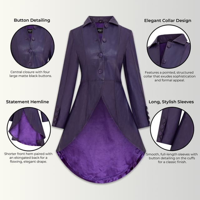 Deze lange jas, geïnspireerd op Victoriaanse en Edwardiaanse stijlen, heeft een strak uitlopend design gemaakt van 100% premium leer. Perfect voor gothic en punk mode, het is een gedurfd statement piece dat vintage charme combineert met een moderne rand. Lange uitlopende jas voor een opvallende look Gemaakt van 100% premium leer voor duurzaamheid en luxe Victoriaanse en Edwardiaanse invloeden met een eigentijdse twist Perfect voor gothic, punk of alternatieve modestijlen