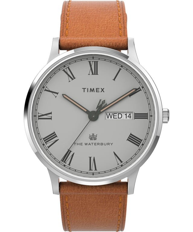 This Timex Waterbury Analogue Watch for Men is the perfect timepiece to wear or to gift. It's Silver 40 mm Round case combined with the comfortable Brown Leather watch band will ensure you enjoy this stunning timepiece without any compromise. Operated by a high quality Quartz movement and water resistant to 5 bars, your watch will keep ticking. This watch is ideal for any occasion. Whether at official events, on the tennis court or in the country club.- This Analogue watch has a calendar function: Day-Date High quality 21 cm length and 19 mm width Brown Leather strap with a Buckle Case diameter: 40 mm,case thickness: 11 mm, case colour: Silver and dial colour: Grey