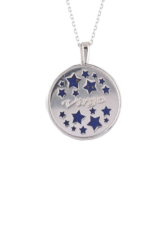 Look no further than this beautiful Zodiac Lapis Lazuli Gemstone Star Constellation Pendant Necklace to make a dazzling statement! This gorgeous necklace is crafted in the finest 925 sterling silver, encasing a disc of Lapis Lazuli and handset with shimmering white cubic zirconia. It features a stunning star constellation on its face, which pairs perfectly with the deep blue hue of lapis lazuli for an eye-catching effect. Plus, to make it even more special, it includes an engraved name of your star sign on the reverse along with cut-out stars.Virgos, born between August 23 and September 22, are known for their analytical minds, practicality and attention to detail. They are often perfectionists who strive for the highest standards of excellence in all areas of life. Virgos have an eye for seeing the big picture and also understanding how small details fit into it.It's perfect for every fashionista who loves delicate jewellery that stands out from the crowd. Enjoy the versatility of being able to wear this pendant at a length to suit you due to its 40cm plus 5cm (with adjuster) length. Meanwhile, its lightweight design at just 5.3 grams ensures you won't be weighed down when wearing it all day long.We think you'll be absolutely delighted with this Zodiac Lapis Lazuli Gemstone Star Constellation Pendant Necklace Silver! With its distinctly fashionable yet timeless design and quality craftsmanship.