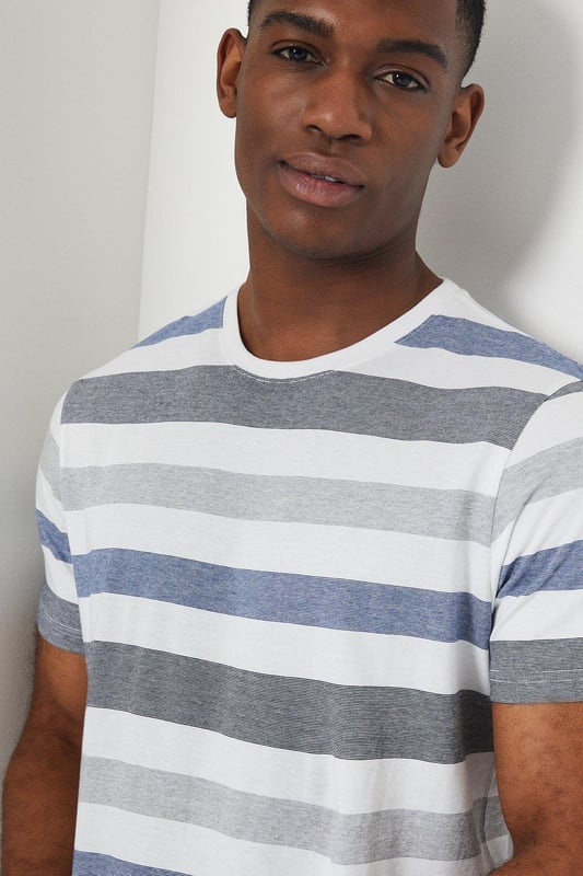 Striped crew neck t-shirt with short sleeves
Relaxed, straight fit for casual everyday wear
Crafted from a soft, lightweight jersey fabric
Horizontal stripes in contrasting shades
Ribbed collar and cuffs for a neat finish

Effortlessly stylish, this striped tee from Maine is a versatile wardrobe essential. Pair it with chinos or jeans for a laidback weekend look, or layer under an overshirt for a smart-casual ensemble. The bold stripes make a statement, while the relaxed fit ensures all-day comfort. Suitable for casual outings, family gatherings, or simply lounging at home.