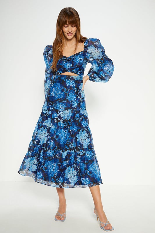 knee length dresses for ladies Peach Multi Floral Printed Cutout Drop Waist Midi Dress