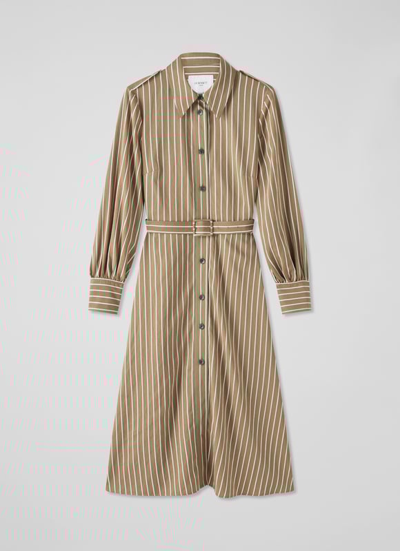 The shirt dress is an LKB sigture, and our new Frances dress takes on a utilitarian twist with feminine flair - and flare. Crafted in Europe from a sustaible viscose rich fabric in tan with green and white stripes, it's a classic collared, button-through style with horn-effect buttons, epaulettes to the shoulders, long sleeves with elegant cuffs, a bucked belt and a midi-length flared skirt. Wear it over a polo neck and long boots now, and shed the layers once the weather warms up.