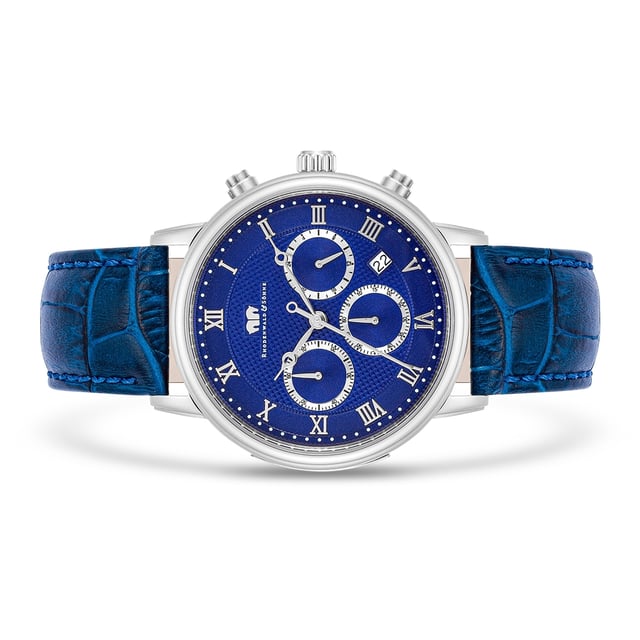 With totalists for hour / minute / second as well as stopwatch and date display, this sporting watch model of the Rhodenwald & Sons manufacture is convincing with popular chronograph functions. The timeless design concept manifests itself in the balancing of the symmetrical tricompax arrangement, classic Roman digits and luminiscant Breguet devices. A stainless steel housing with screwed floor makes the watch a durable everyday companion. The exclusive look is completed by a real leather bracelet with crocodile and decorative seam. The interior also inspires watch lovers with a high -quality quartz train that guarantees the highest precision and durability.