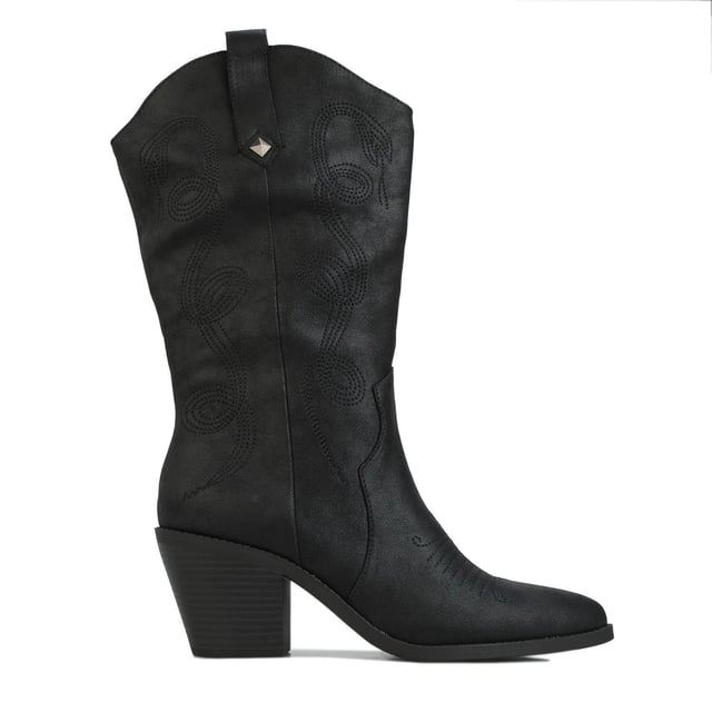 Botas feriare Rocket Dog negras para mujer, fabricadas en sintético y suela sintética. Características: estilo occidental, totalmente forrado, trabillas laterales decorativas, altura del tacón de 7 cm y plantilla de espuma afelpada.