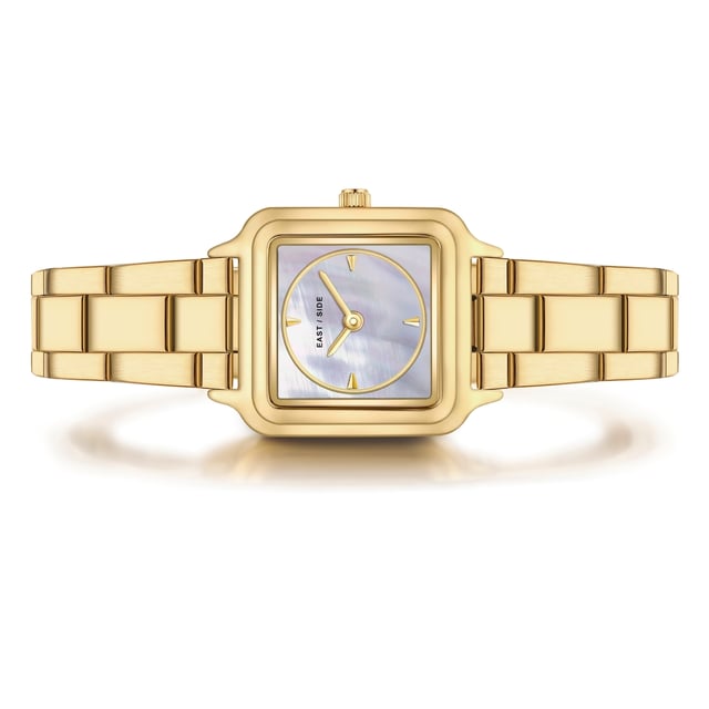 GENERAL INFORMATION:  • Targetgroup: Female  • Wristwatch: No Special Functions  • Display: analogue  • Weight of watch w/o box (gr.) - approx.: 59,0  MOVEMENT:  • Movement: Quartz  • Term of Movement: 2025  • Origin of movement: Japan  BRACELET:  • Material of bracelet/strap: Stainless steel  • Plating of bracelet/strap: Ion-Plating (IP)  • Finishing of bracelet/strap: Smooth  • Finishing/Decoration of bracelet/strap: None  • Clasp/Closure/Buckle: Security-folding clasp  • Color of bracelet/strap: Yellowgold  • Length of bracelet/strap (mm) approx.: 210,0  • Width of bracelet/strap (mm) approx.: 13,8  • Style/Design of bracelet/strap: Link bracelet  • Bracelet/strap adjustable?: Yes  CASE:  • Shape of case: Square  • Size/Diameter of case in mm . approx.: 25,0 x 32,0  • Height of case in mm: 8,1  • Case material: Metal (Alloy)  • Surface of case: Polished  • Bezel/Topring: Fixed  • Finishing/Decoration of case: None  • Material of case back: Stainless steel  • Lock of case back: No screwed-in crown  • Color of case: Yellowgold  • Coating/Plating (Case): Ion-Plating (IP)  • Type/Form of crystal: Flat  • Material of crystal: Mineral crystal  DIAL:  • Size jewelry care cloth: Hour, Minute  • Indices: Line indices  • Material of dial: Mother of Pearl (MOP)  • Structure/pattern of dial: Flat  • Color of dial: Gold-colored  PUSHER, CROWN, HAND:  • Pusher: None  • Corrector: No  • Crown: No screwed-in crown  • Type of hands: Pole hand  • Luminescent (hands): No  PACKAGING & SCOPE OF DELIVERY:  • Box: Yes  • Service booklet: Yes  • Manual: Yes