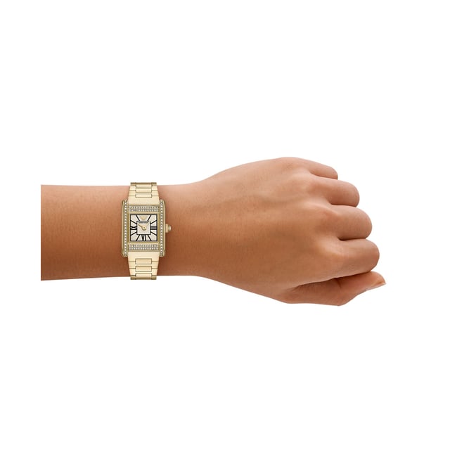 This Emporio Armani Genni Analogue Watch for Women is the perfect timepiece to wear or to gift. It's Gold  Rectangular case combined with the comfortable Gold Stainless steel watch band will ensure you enjoy this stunning timepiece without any compromise. Operated by a high quality Quartz movement and water resistant to 5 bars, your watch will keep ticking. Elegant and fashionable watch that is suitable for the daily life of every Women. High quality 19 cm length and 14 mm width Gold Stainless steel strap with a Deployment clasp Case measurement: 20 X 26 mm,case thickness: 6 mm, case colour: Gold and dial colour: White