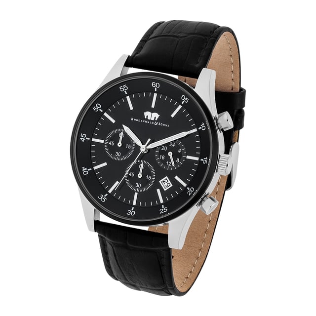 Chronographs are among the most popular men's watches, as they combine in the tradition of pilot watches functionality with a sporty, elegant design. This copy from the Rhodenwald & Sons clock manufacturer brings everything that characterizes a high-quality chronograph, from the scratch-resistant IP-coated stainless steel housing with screwed floor to a dial with Sunray cut to the masco leather strap with crocodine embossing. Subtle accents set the line, minute index, date display, luminical pointer and three totalists in classic tricompax arrangement.