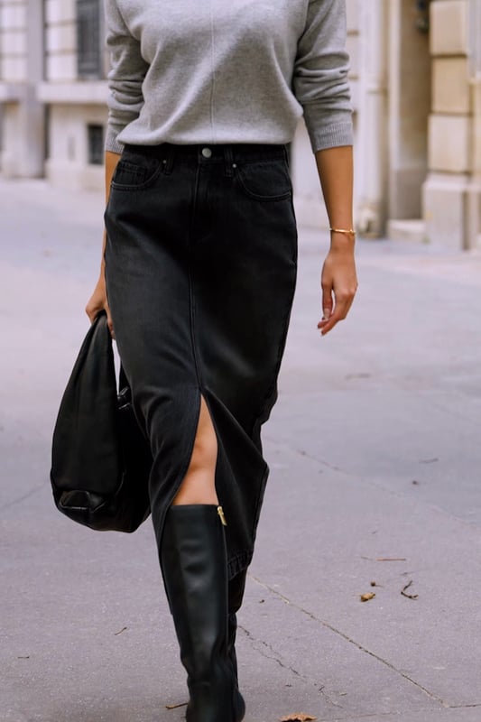 This season's most wanted skirt
Made from our signature soft stretch denim
Trending midi length
Chic shade of grey
Tuck in your favourite jumper
Add a wrap top and heels