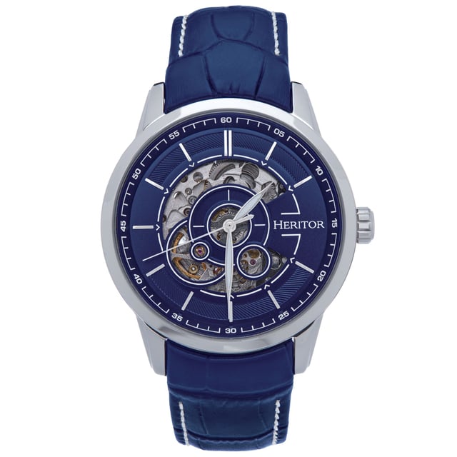 316L Surgical-Quality Stainless Steel Case; Jeweled Automatic Movement; Jewel Bearings: 22 Jewels; 36 Hour Power Reserve; Beats per Hour (BPH): 21600/Hour; Sapphire-Coated Mineral Crystal; Semi-Skeleton Dial; Genuine Leather Strap; Logo-Engraved Stainless Steel Clasp; Luminous Hands; 44mm Diameter; 5 ATM Water Resistance;