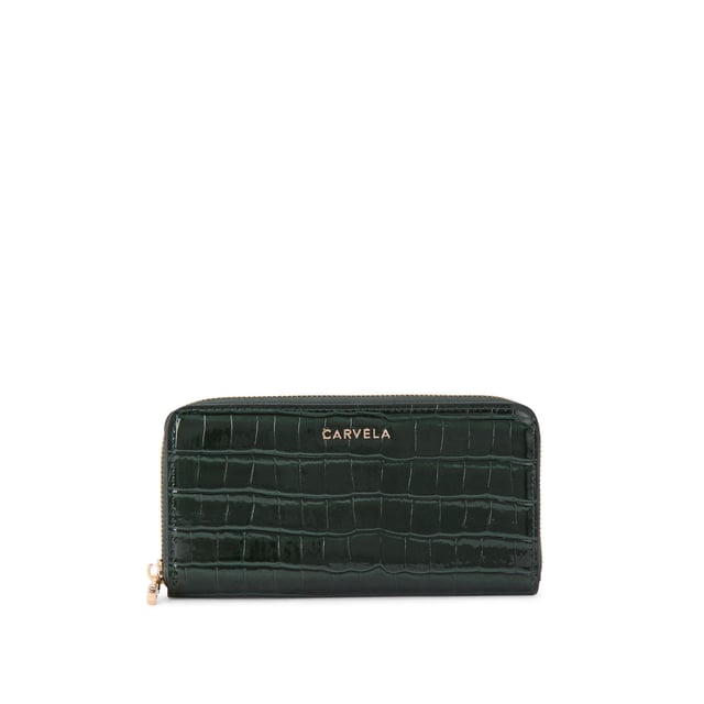 This Carvela Jessica Purse is crafted from a dark green croc embossed leather alternative. There gold branding on the front and a gold zip around. Dimensions: 10cm (H), 19cm (L), 2cm (D).