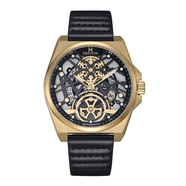 Kast van 316L chirurgisch roestvrij staal, Seiko NH35 automatisch uurwerk met juwelen, 24 juwelenlagers, gangreserve van 28 uur, slagen per uur (BPH): 21.600/uur, mineraalglas met saffiercoating, wijzerplaat met skeletmotief, kijkachterkant om het uurwerk te bekijken, band van echt leer, sluiting van roestvrij staal met gegraveerd logo, lichtgevende wijzers, lichtgevende markeringen, datumweergave, kastdiameter van 44 mm, polsomtrek van 195-245 mm, waterbestendigheid van 5 ATM.