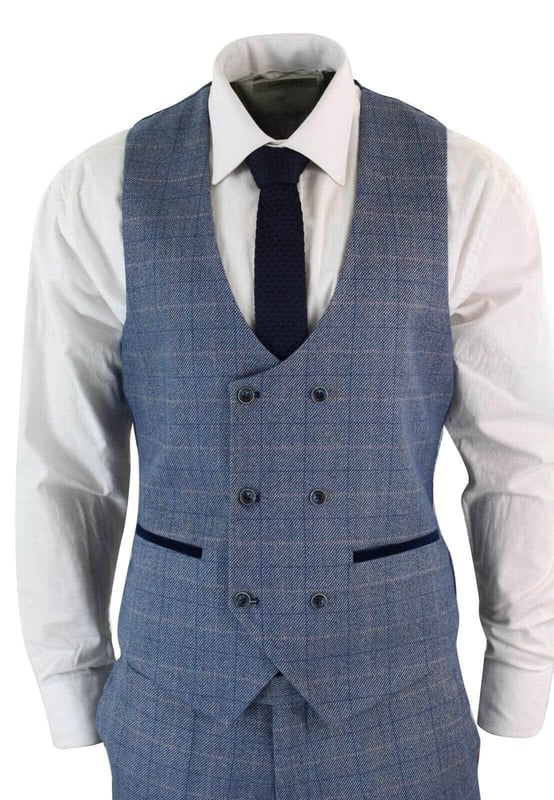 The Hilton suit adds a splash of colour to your ensemble. It combines pastel blue and blush pink to create a vintage style check weaved into a durable tweed style fabric. Navy blue is also worked in to the suit with velvet trims. elbow pads and collar to make it stand out. A superb check three piece perfect for both weddings and christenings - Note: The waistline of the pants is 15cm smaller than the corresponding size of the jacket. For example, a 34'' coat + 28'' pants, a 36'' coat + 30'' pants, a 38'' coat + 32'' pants, a 40'' coat + 34'' pants, a 42'' coat + 36'' pants, 44'' jacket + 38'' pants, 46'' jacket + 40'' pants, 48'' jacket + 42'' pants, 48'' jacket + 44'' pants, and 52'' jacket + 46'' pants.