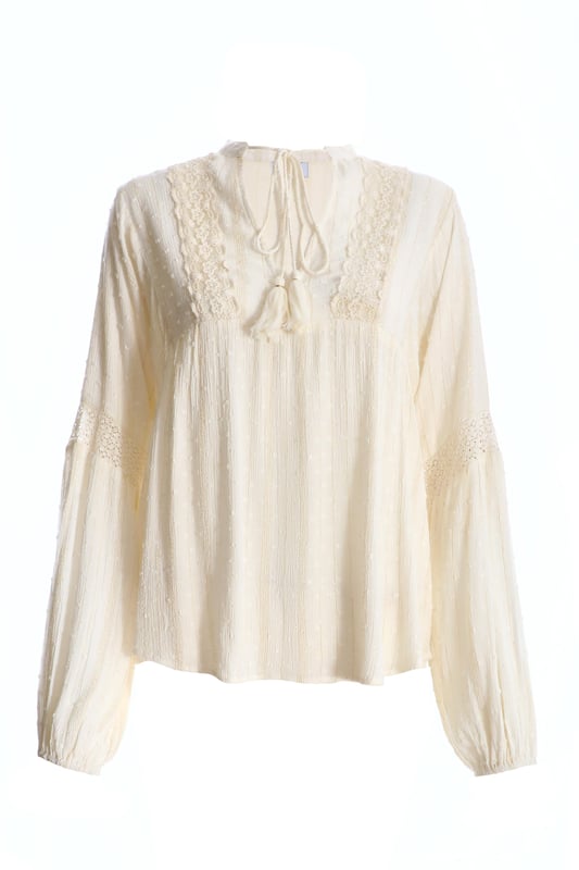 - Lace trim - Tie detailing - Long sleeves - Model height: 5' 7" - Model wears uk 8 / us 4 / eur 36 - Always check the care wash label. cool hand wash with mild detergent