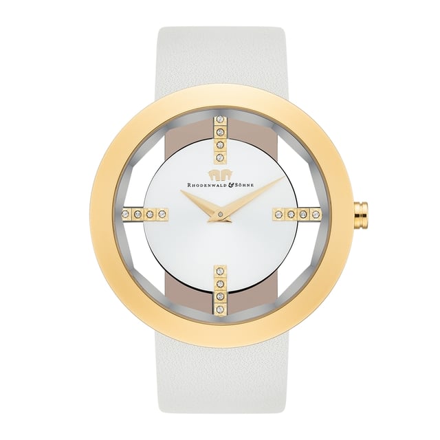 This striking women's watch from Rhodenwald & Sons masters the game with the fascinating skeleton look: between the bezel and dial shimmers the wrist of the wearer under the faceted glass. Four distinctive line indices, decorated with crystals from Swarovski®, connect the gilded bezel to the dial, the sunray effect of which makes the light gently changing. The high-quality IP coating gives the stainless steel housing maximum durability. The leather bracelet, which is coordinated and painted on the dial, completes the noble look and guarantees the highest comfort.