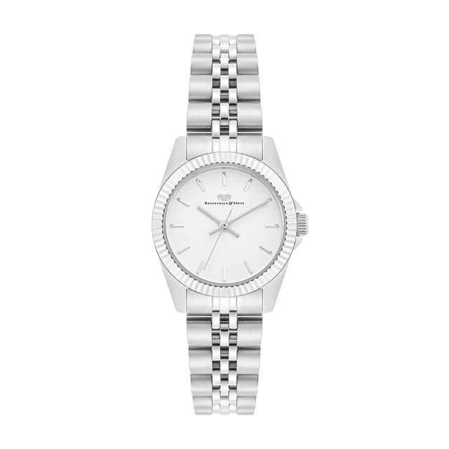 GENERAL INFORMATION:  • Targetgroup: Female  • Wristwatch: No Special Functions  • Display: analogue  • Weight of watch w/o box (gr.) - approx.: 61,0  • model series: Cassina  MOVEMENT:  • Movement: Quartz  • Term of Movement: 2035  • Origin of movement: Japan  BRACELET:  • Material of bracelet/strap: Stainless steel  • Plating of bracelet/strap: None  • Finishing of bracelet/strap: Polished/brushed  • Finishing/Decoration of bracelet/strap: None  • Clasp/Closure/Buckle: Security-folding clasp  • Color of bracelet/strap: Silver  • Length of bracelet/strap (mm) approx.: 220,0  • Width of bracelet/strap (mm) approx.: 13,9  • Style/Design of bracelet/strap: Link bracelet  • Bracelet/strap adjustable?: Yes  CASE:  • Shape of case: Round  • Size/Diameter of case in mm . approx.: 27,5  • Height of case in mm: 8,9  • Case material: Stainless steel  • Surface of case: Brushed  • Bezel/Topring: Fixed  • Finishing/Decoration of case: Grooved  • Material of case back: Stainless steel  • Lock of case back: Pressed  • Color of case: Silver  • Coating/Plating (Case): None  • Type/Form of crystal: Flat  • Material of crystal: Mineral crystal  • Water resistant (ATM): 5  DIAL:  • Size jewelry care cloth: Hour, Minute, Second  • Indices: Line indices  • Material of dial: Brass  • Structure/pattern of dial: Flat  • Color of dial: White  PUSHER, CROWN, HAND:  • Pusher: No screwed-in crown  • Corrector: No  • Crown: No screwed-in crown  • Type of hands: Obélisque hands  • Luminescent (hands): No  PACKAGING & SCOPE OF DELIVERY:  • Box: Yes  • Service booklet: Yes  • Manual: Yes
