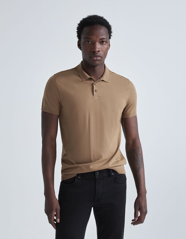 This cappuccino polo shirt has collared neck, short sleeves with ribbing on collar, sleeves and chest.