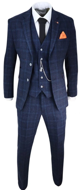 Traje clásico retro vintage de tweed a cuadros azul marino de