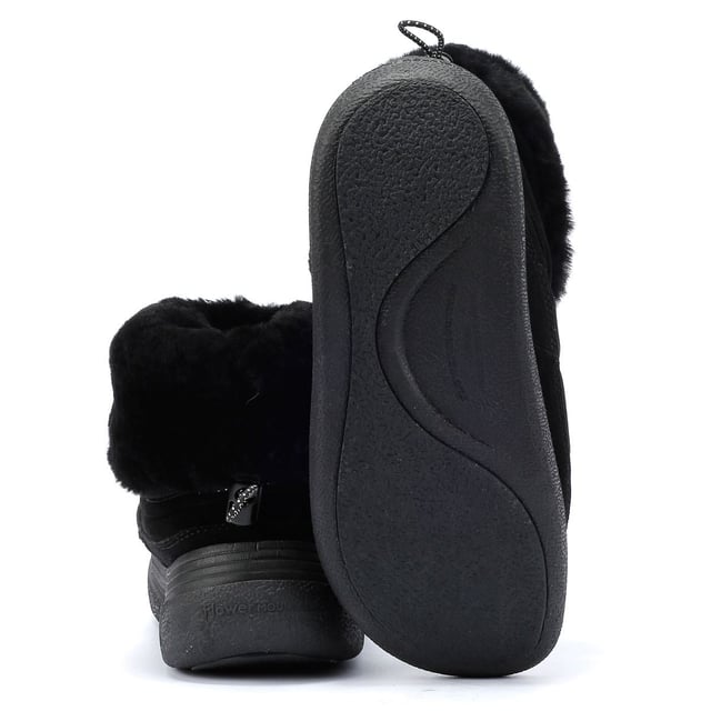 Suede ankle boot featuring cozy shearling lining, leather insole, and durable rubber sole with contrast tread for added grip.