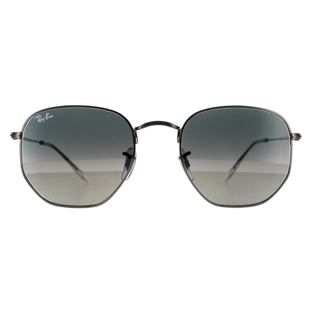 Ray-Ban Sunglasses Hexagonal RB3548N 004/71 Gunmetal Dark Grey Gradient are a very unique hexagonal shaped frame and feature the latest flat crystal lenses for a updated version of the classic metal round sunglasses. Super thin temples and coined profile to the frame finish the modern fashionable look.