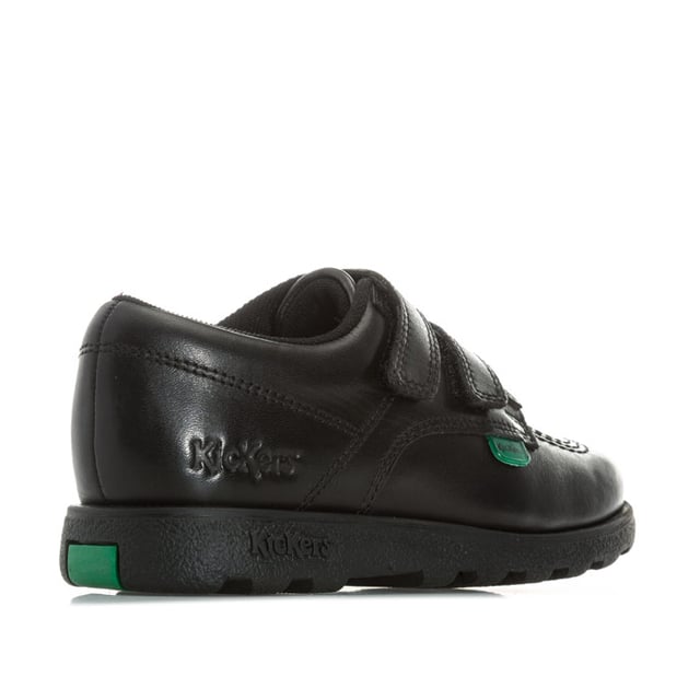 Children Boys Kickers Fragma Lo Strap Leather Shoes in Black<BR><BR>- Tonal finish<BR>- Hook and loop strap fastening<BR>- Padded collar<BR>- Iconic red and green branded tabs to sides<BR>- Smooth leather upper<BR>- Embossed branding <BR>- Leather Upper  Textile Lining  Synthetic Upper<BR>- Ref: 114832