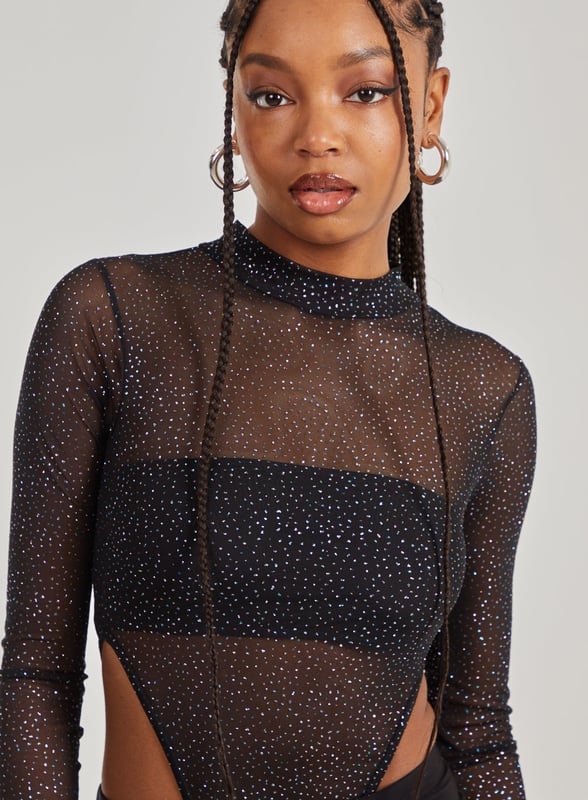 Glitter Round Neck Long Sleeve Semi-Sheer Bodysuit main image 1