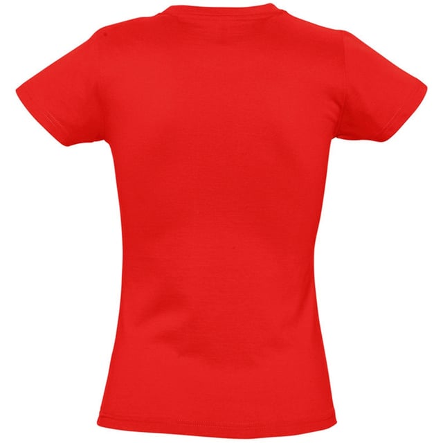 Taped back neck. Rib neckline. Side seams. Twin needle sleeves and hem. Fabric weight: 190 gsm. Material: 100% ringspun semi-combed cotton. Slim fit. Ladies size: S(8/10), M(10/12), L(12/14), XL(14/16), XXL(16/18).