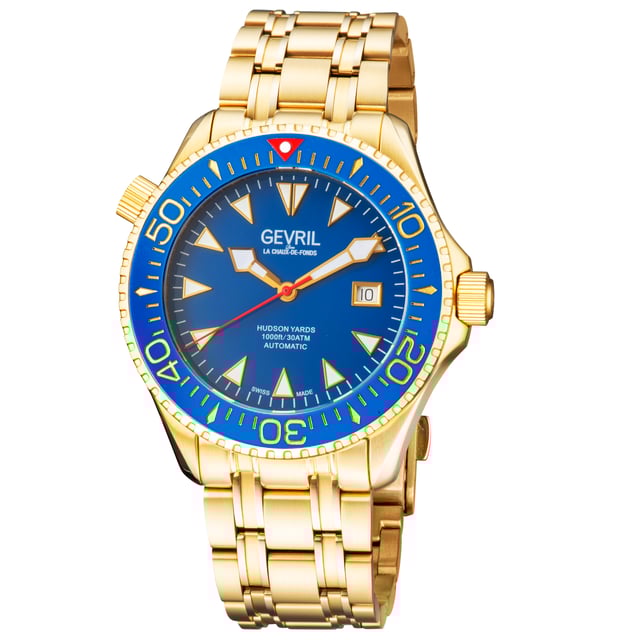 The newest addition to the Divers Collection, Hudson Yards perfectly encapsulates the culture and commerce of Manhattan’s lower west side gated community.  Whether shopping the Yards, dining or diving, the Hudson Yards collection is a winner.  In six unique styles, each timepiece makes a bold statement equally fit for 300 meters below or fine dining above. In classic black or diver blue watch face, gold or silver stainless steel, Hudson Yards is expertly crafted with Gevril’s quintessential automatic Swiss movement. Not only stylish, the collection is water resistant up to 300 meters or 1,000 feet replete with a helium release valve suitable for serious divers.   The train track style bracelet isn’t solely strong form— its function won’t break or bend. In a handsome design including luminous markers and a ceramic rotating bezel, each fortified piece is handcrafted for endurance and showmanship.  Befitting the depths of the ocean or the tables of a Michelin star, Hudson Yards hits the mark.

Gevril 48805 Men's Hudson Yards Automatic Watch

Gevril Men's Swiss Automatic watch from the Hudson Yards Collection
43mm Stainless Steel Case Dark Blue Ceramic Bezel, Dark Blue Dial, date at 3 o'clock
Unidirectional Rotating bezel, Screw down helium release valve, Luminous Markers
Exhibition Case back, Screw Down Crown
IPYG Bracelet with Dive extension Deployment Buckle
Anti-reflective Sapphire Crystal
Water Resistant to 1000 Feet/30ATM
Swiss Automatic 3 Hands, Sellita SW200 Movement