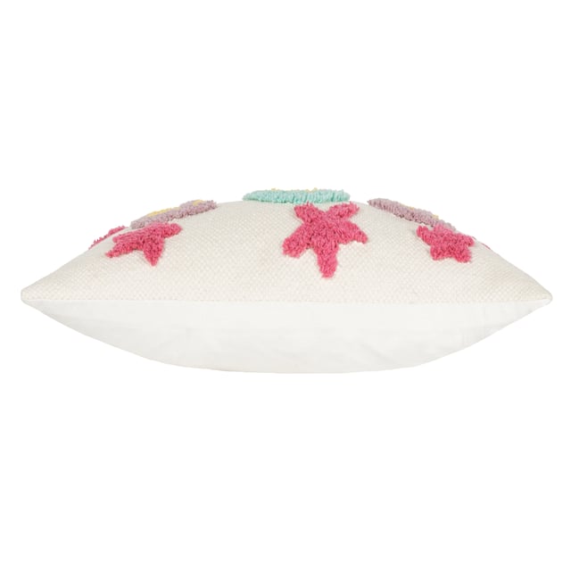 A quirky little cushion which brings life to all interior settings. Tufted cotton is sewn onto a thick woven base in the shape of stars and 3D letters which spell out the word, 'P.O.P, in happy, vibrant colours'. An ideal way to add a POP of happiness to your home.