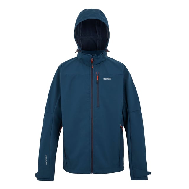 96% Recycled Polyester, 4% Elastane. Lining: Contrast. Fabric: Mesh Backing, Softshell, Stretch, Woven. Design: Logo. Fabric Technology: Breathable, DWR Finish, Lightweight, Waterproof, Wind Resistant, XPT. Cuff: Adjustable Wrist Strap. Neckline: Hooded. Sleeve-Type: Long-Sleeved. Pockets: 2 Side Pockets, 1 Chest Pocket, Zip. Fastening: Full Zip. 10000g/m²/24hrs. Hem: Adjustable, Drawcord. Sustainability: Made from Recycled Materials. S: 38 in. M: 40 in. L: 42 in. XL: 44 in. XXL: 48 in. 3XL: 51 in. 4XL: 54 in. 5XL: 57 in.