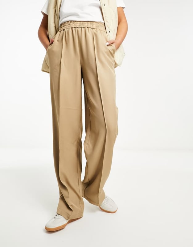 Vila elasticated waist wide leg trousers with pintuck front