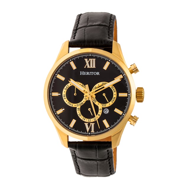 316L Surgical-Quality Stainless Steel Case; Jeweled Automatic Movement; Jewel Bearings: 20 Jewels; 36-Hour Power Reserve; Beats per Hour (BPH): 21600/Hour; Sapphire-Coated Mineral Crystal; Observation Caseback to View Movement; Genuine Leather Crocodile-Embossed Strap; Logo-Engraved Stainless Steel Clasp; Luminous Hands; Luminous Markers; Date Display; Day Sub-Dial; 24-Hour Sub-Dial; Month Sub-Dial; 40mm Case Diameter; 5 ATM Water Resistance;