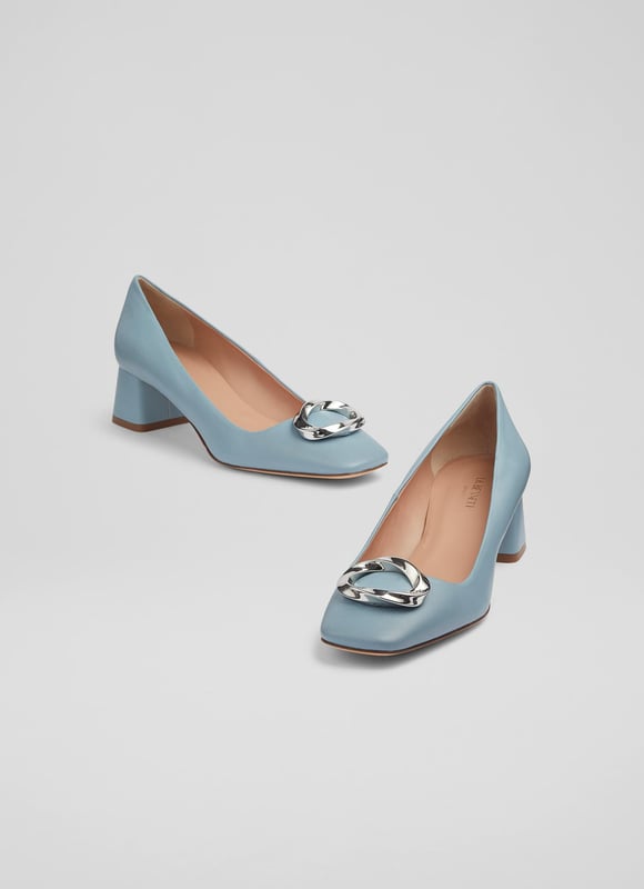 With a chic low heel and fun 1960's feel, our Penny courts work well with tailored looks or more casual pieces. Beautifully-crafted in Italy from powder blue nappa leather, they have a round toe, a gold eternity ring embellishment - which is exclusive to LKB - a sleek shape and a low block heel. Wear them to work or on weekends with your favourite denim pieces.