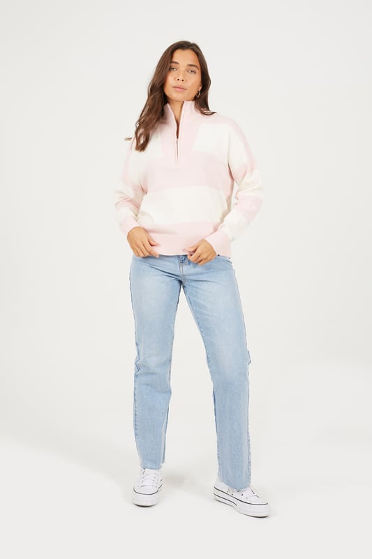 Stay cosy this season with this striped half zip jumper from Brave Soul. This comfy yet stylish design features a high neck with half zip fastening, all over chunky striped pattern and ribbed collar, cuffs and hem. Throw on over any casual outfit to complete the look. Model wears UK size S.
