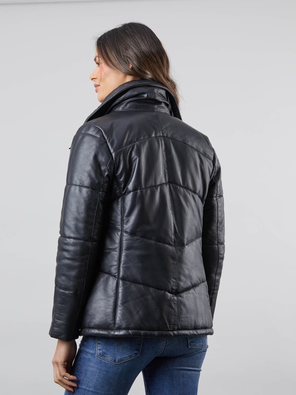 Parton Leather Padded Jacket in Black The contemporary Parton leather padded jacket will keep you warm during the colder months. As well as its cosy puffer style, the Parton features a number of insulating elements, including a high neck, drawstring waist, elasticated cuffs and inner placket.Crafted from soft black aniline leather and cut to a slightly longer length, this jacket is a relaxed fit for a comfortable wear and so you can easily fit your favourite knitwear underneath.SizingThese measurements are based on a size 12 and will vary slightly between sizes.Approximate centre back length (from top of neckline): 68cmApproximate sleeve length from shoulder to cuff: 63cm Approximate sleeve length from underarm to cuff: 43.5cmThe DetailsStyle Name: Parton Leather Padded JacketColour: BlackMaterial: Aniline LeatherFit: Easy fitPadded designHigh-cut neckCentre zip fastening with inner placketTwo front slip pocketsElasticated cuffsDrawstring waistAnd on the insideFabric lining