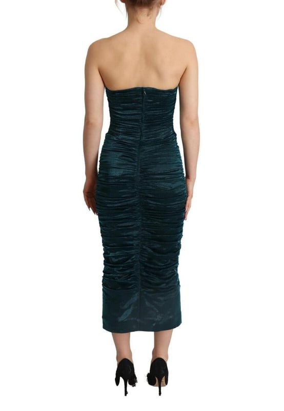 Gorgeous brand new with tags
  Bustier bodice with bones
  Soft satin fabric with interspersed lame threads
  Sleeveless midi dress
  Vibrant turquoise color
  Zipper closure on the back
  Cotton stretch inner lining
  Logo details
  Made in Italy with high craftsmanship
  Material: 54% silk 41% polyester 5% elastane
  Inner lining: 50% cotton 25% nylon 20% elastane 5% silk