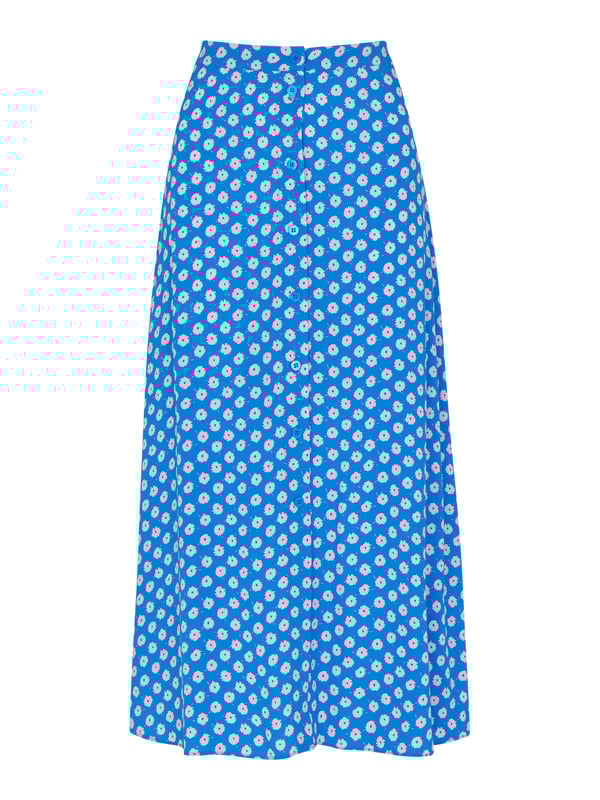 Step out in playful style with this charming blue midi skirt adorned with a delightful polka dot floral pattern. Crafted from eco-friendly viscose, this piece is perfect for everyday elegance.