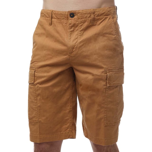 Mens Timberland Out Door Relaxed Cargo Shorts in wheat.- Grown on waistband.- 2 side pockets  2 back pockets with buttons and 2 utility cargo pockets.- Relaxed fit.- 97% Cotton  3% Elastane.- Ref: A25E4P471