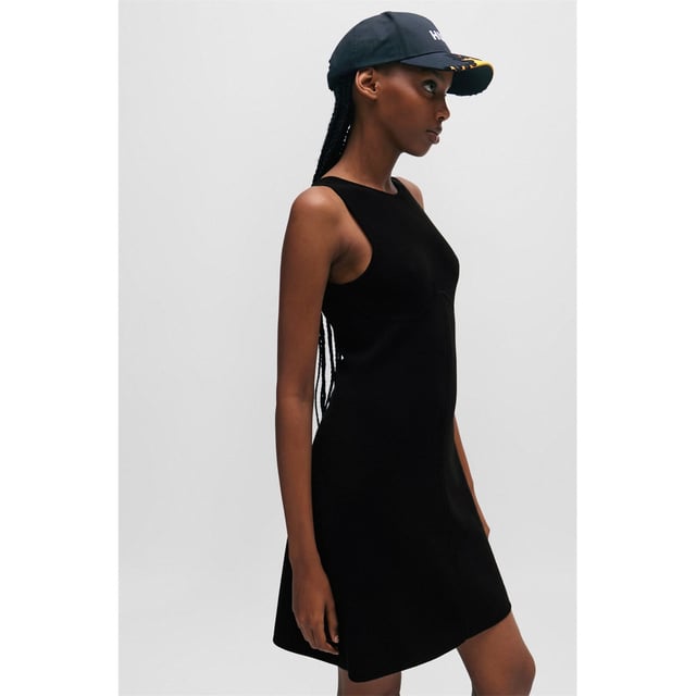 Soft Viscose crepe - rib structure - fit and flare dress - engineered detail at chest - crew mock -  curved seaming detail