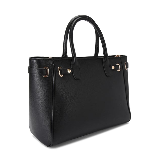 The Carvela Violet Belted Tote bag features a textured black upper that is accented with a branded belt around the straps. Dimensions: 25cm (H), 34cm (L), 15cm (D). Strap length: 126cm.