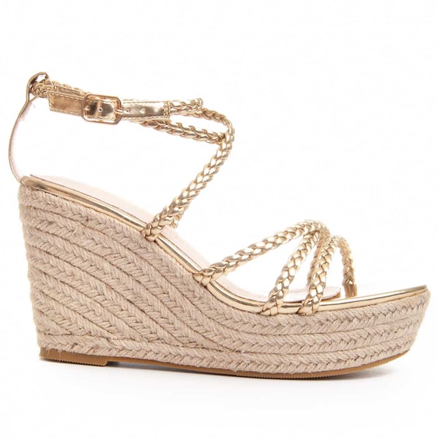 Women's esparto wedge sandal. Cushioned natural leather insole. Comfortable fit. Non-slip sole. Reinforced stitching. Manufactured by other brands for our brand. Approximate measurements: 12 cm wedge and 3 cm platform.