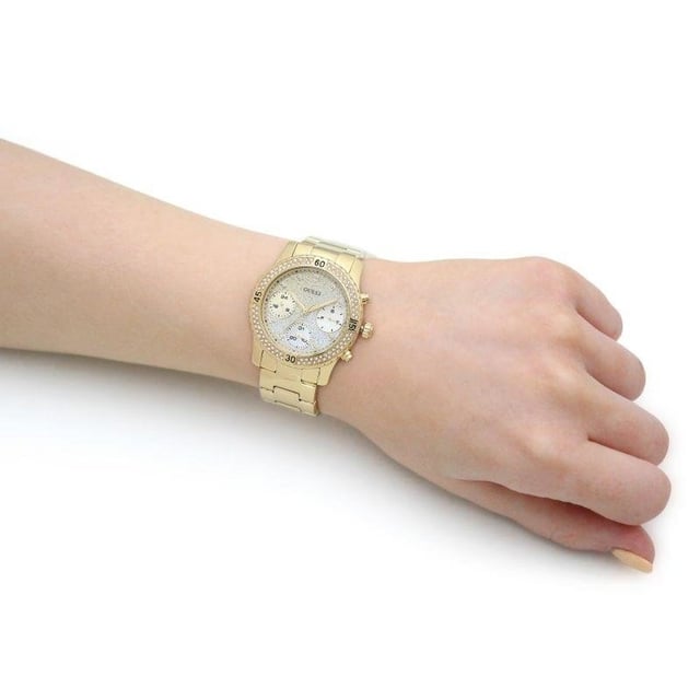 Specification Details Brand Guess Model W0774L5 Barcode Number N/A Gender Women's Case Diameter 38 mm Case Material Steel Case Colour Gold Dial Colour Two Tones Band Material Steel Band Colour Gold Movement Quartz Chronograph No Water Resistance 5 ATM