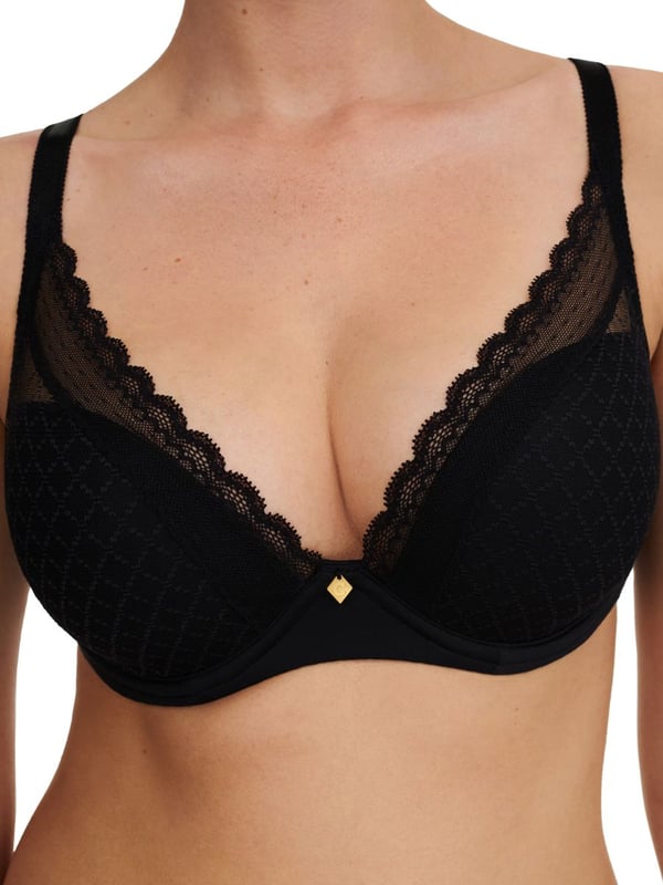 Chantelle Norah Chic Plunge T-Shirt Bra. Moulded Plunge with high apex, foam padded cups, lace and adjustable straps with attached J-Hook. Product is recommended hand wash only.