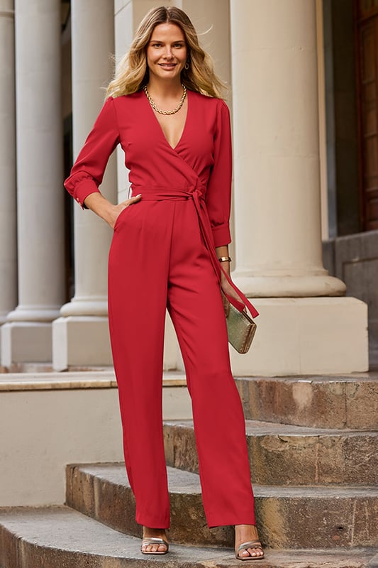 Red Tailored Wrap Front Tie Waist Jumpsuit - Main Image