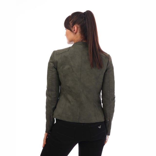Womens Only Ava Faux Leather Jacket in green.- Biker collar.- Asymmetrical zip fastening.- Side pockets with zip fastening.- Mock zip detail at chest and above left pocket.- Snap fastening at lapels.- Stitch detail at shoulders and sleeves.- Zipped cuffs.- Fully lined.- Tight fit.- 85% Polyester  15% Cotton.- Ref: 15102997E